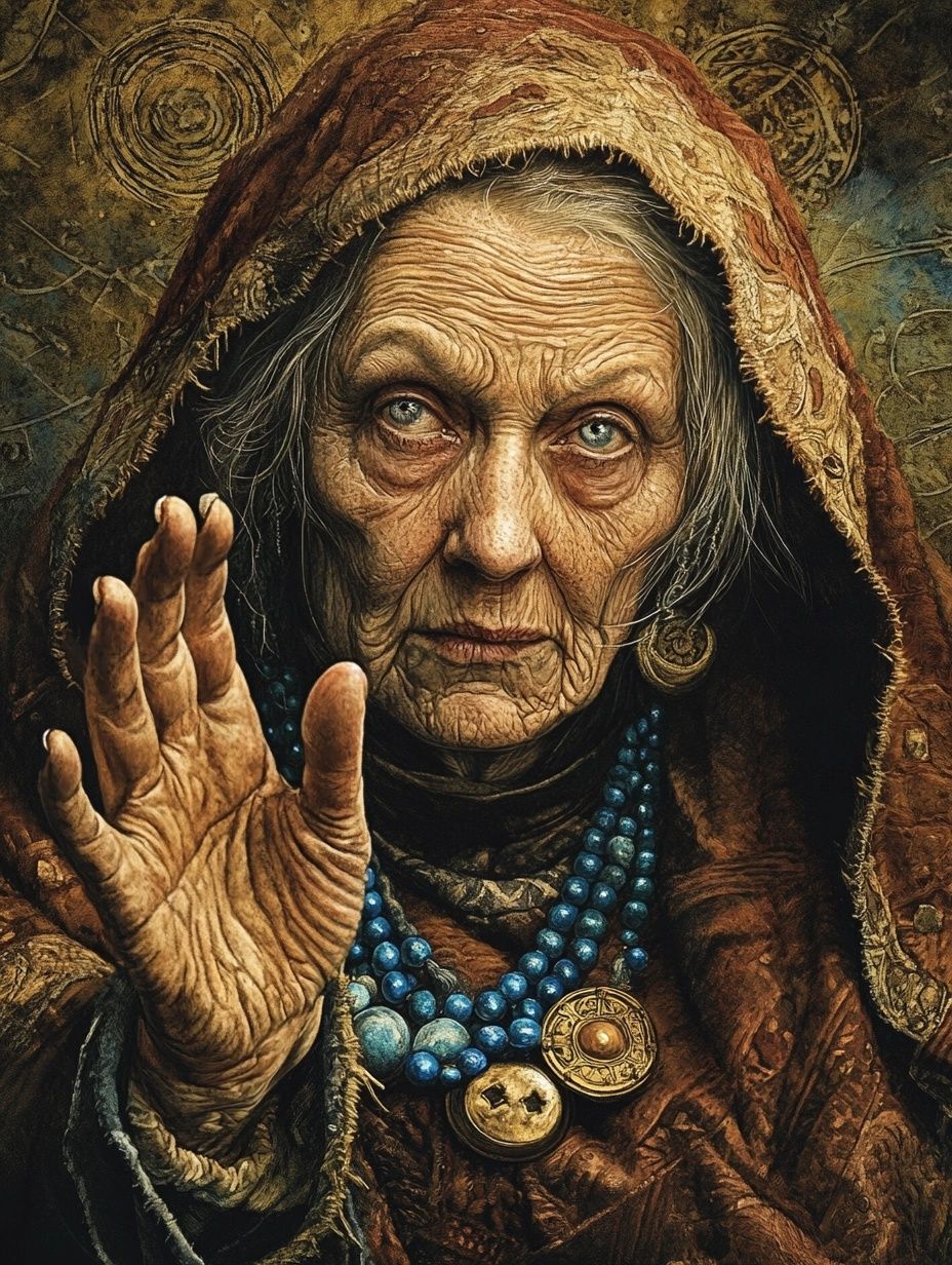 wrinkled old woman wearing blue necklace