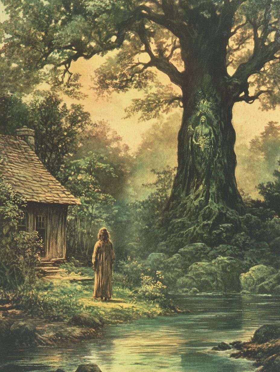 elegant figure standing by a clear river in a lush forest, an imposing tree spirit in the background, vintage illustratio