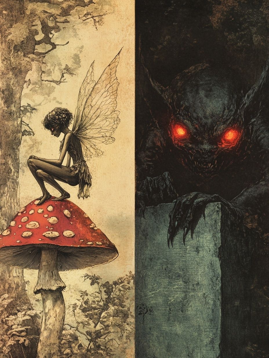 fairy on toadstool, creature glowing red eyes