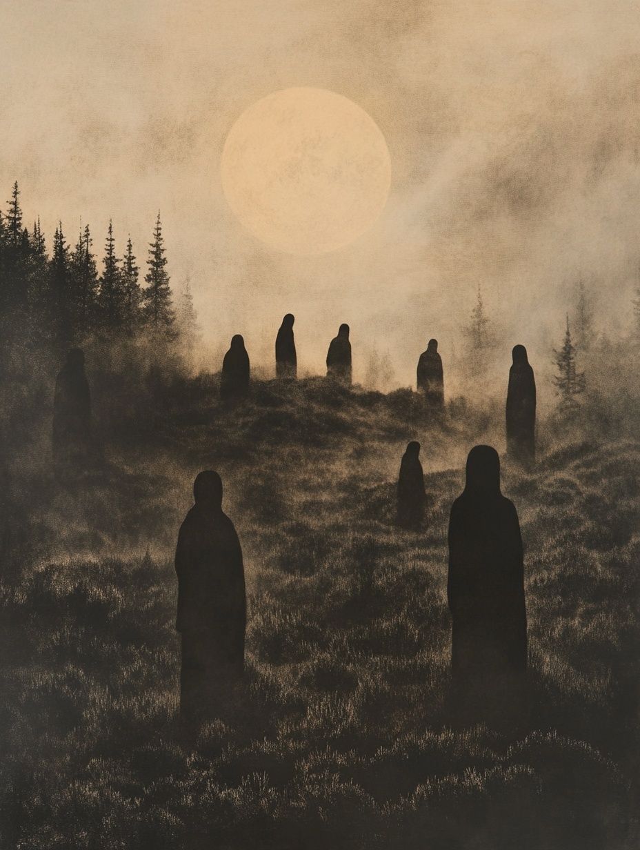 shadowy small figures under pale moonlight, heathery mist