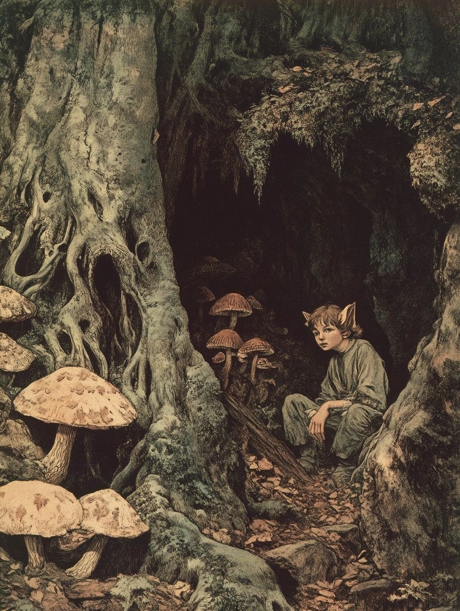 fairy sits amongst mushrooms in a forest