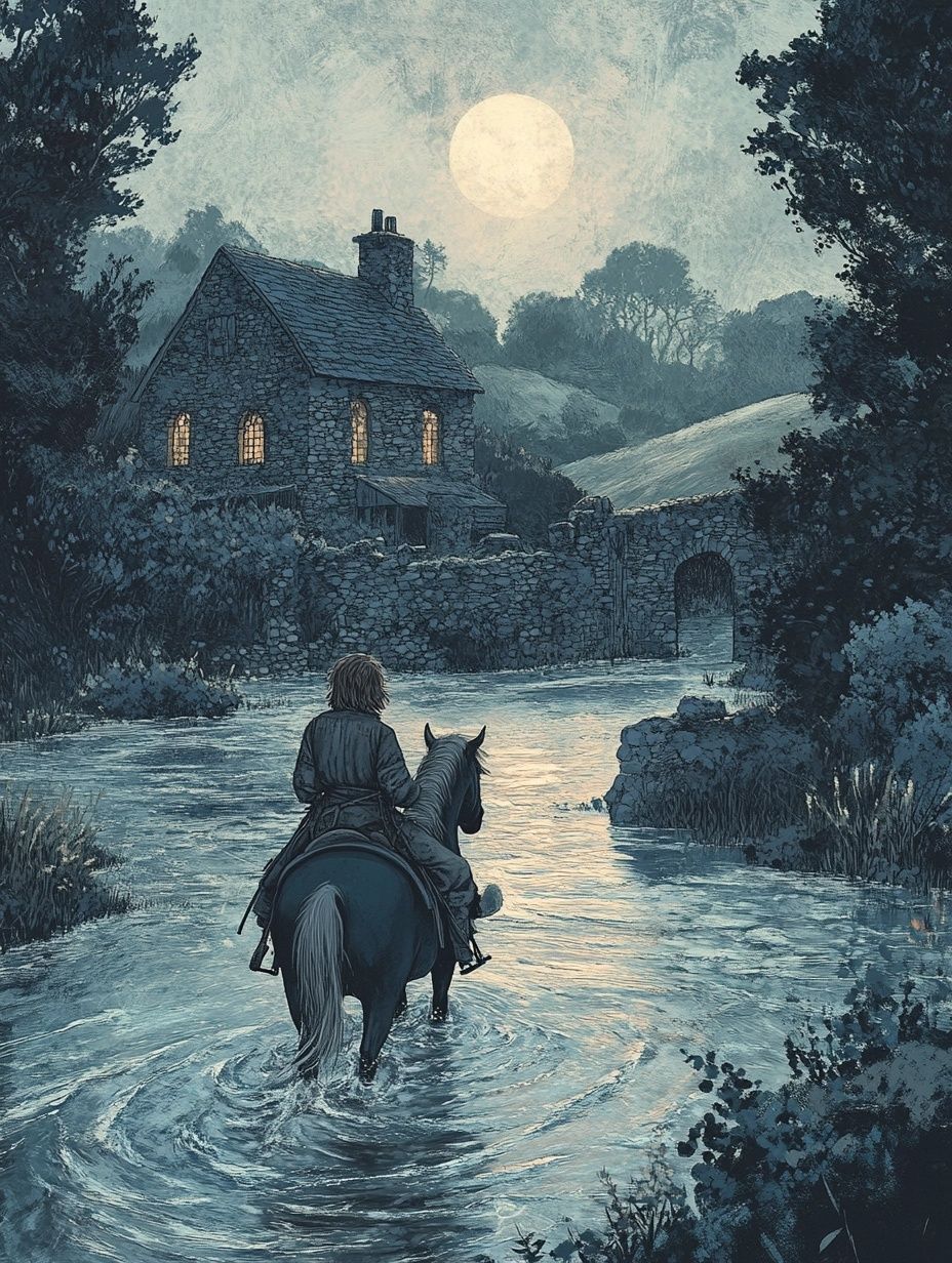scottish brownie on a horse in a river, old stone house