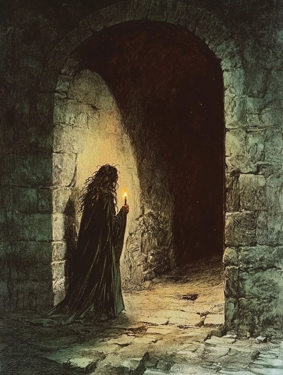a cloaked figure holding candle entrance to dark tunnel