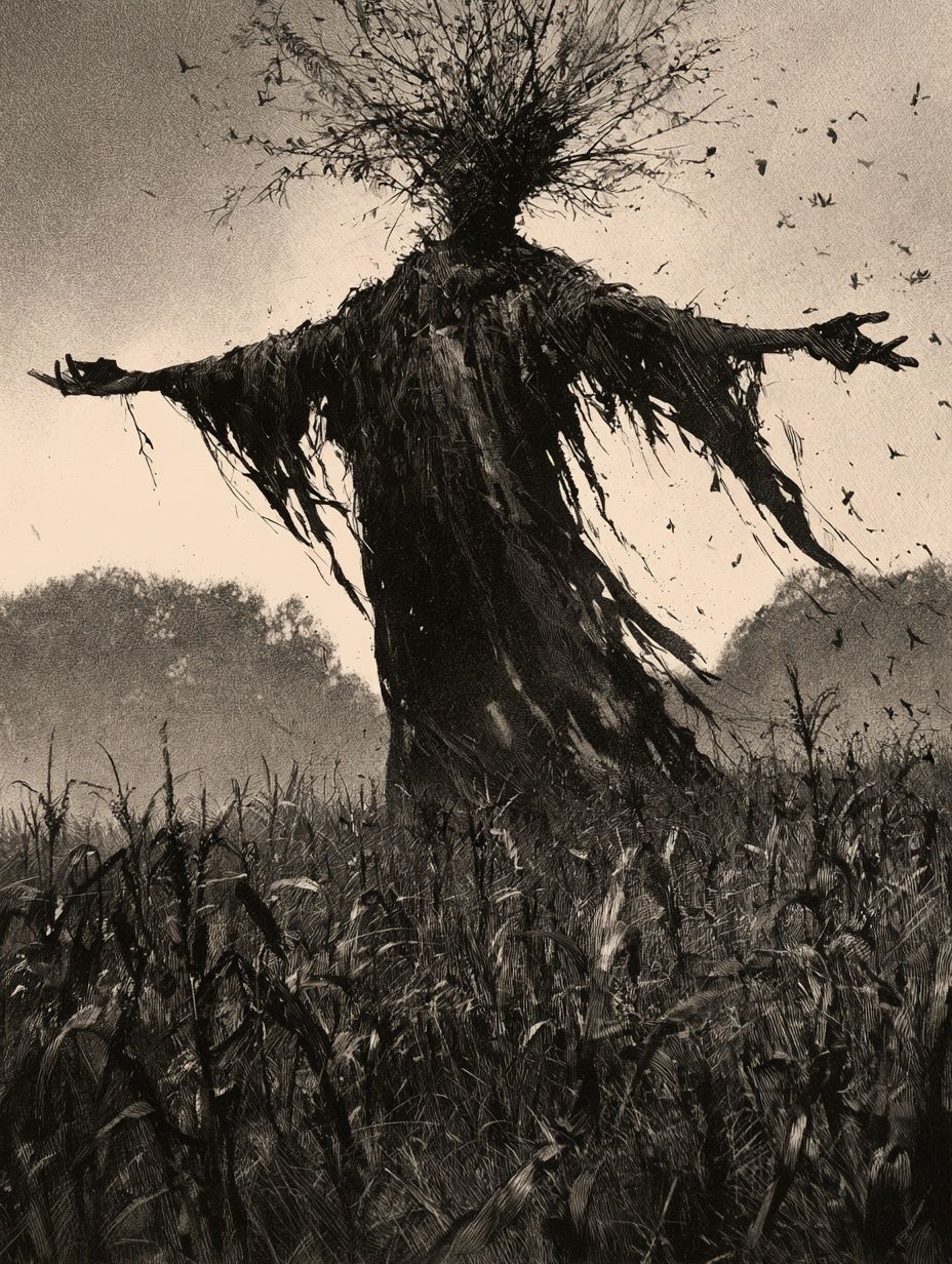 scarecrow like field spirit with ragged black robe