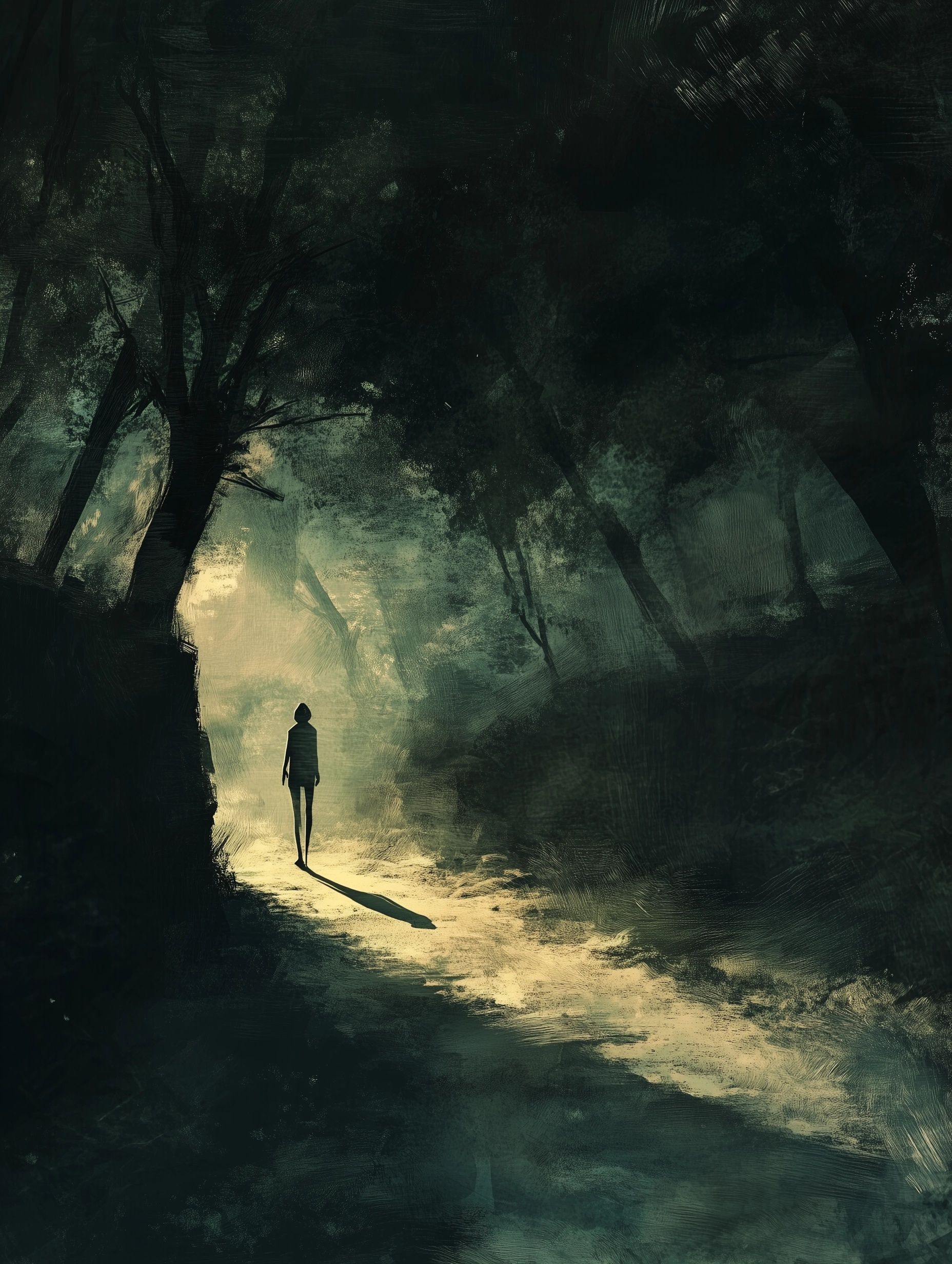 green forest, dark shadowy figure