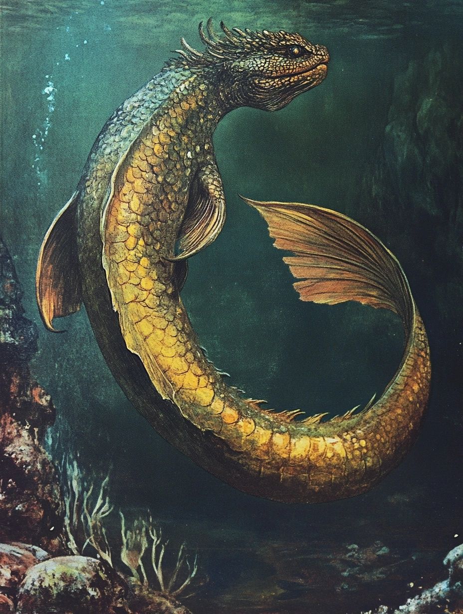 snake and fish like sea serpent with glistening scales