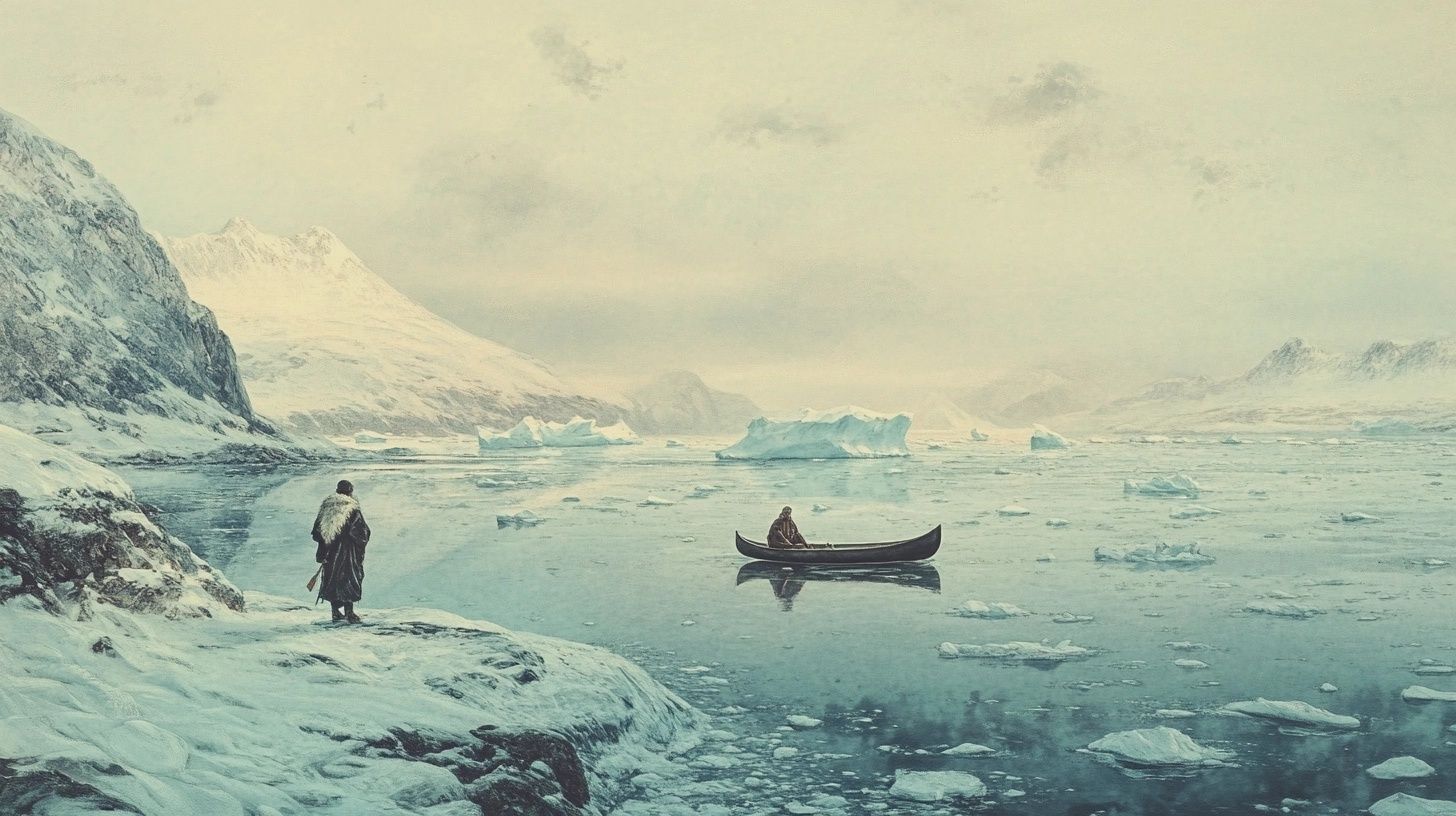 man in kayak in arctic ocean surrounded my snowy mountains, another man in fur clothing stands on the snow covered rocks looking out at the sea