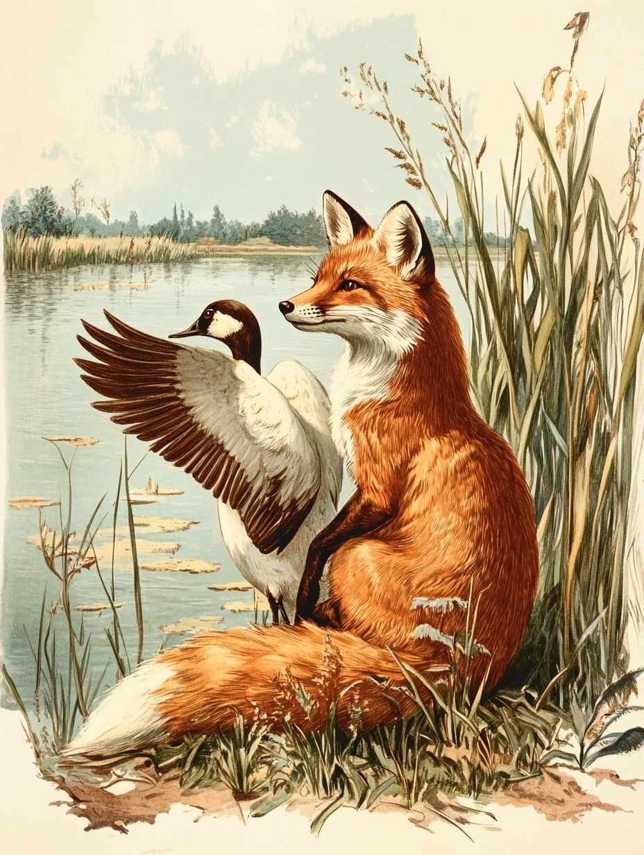 fox and goose by a river, serene sunny day