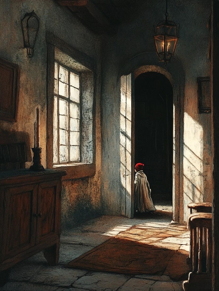 a tiny man with a red cap stands in the doorway of an old room
