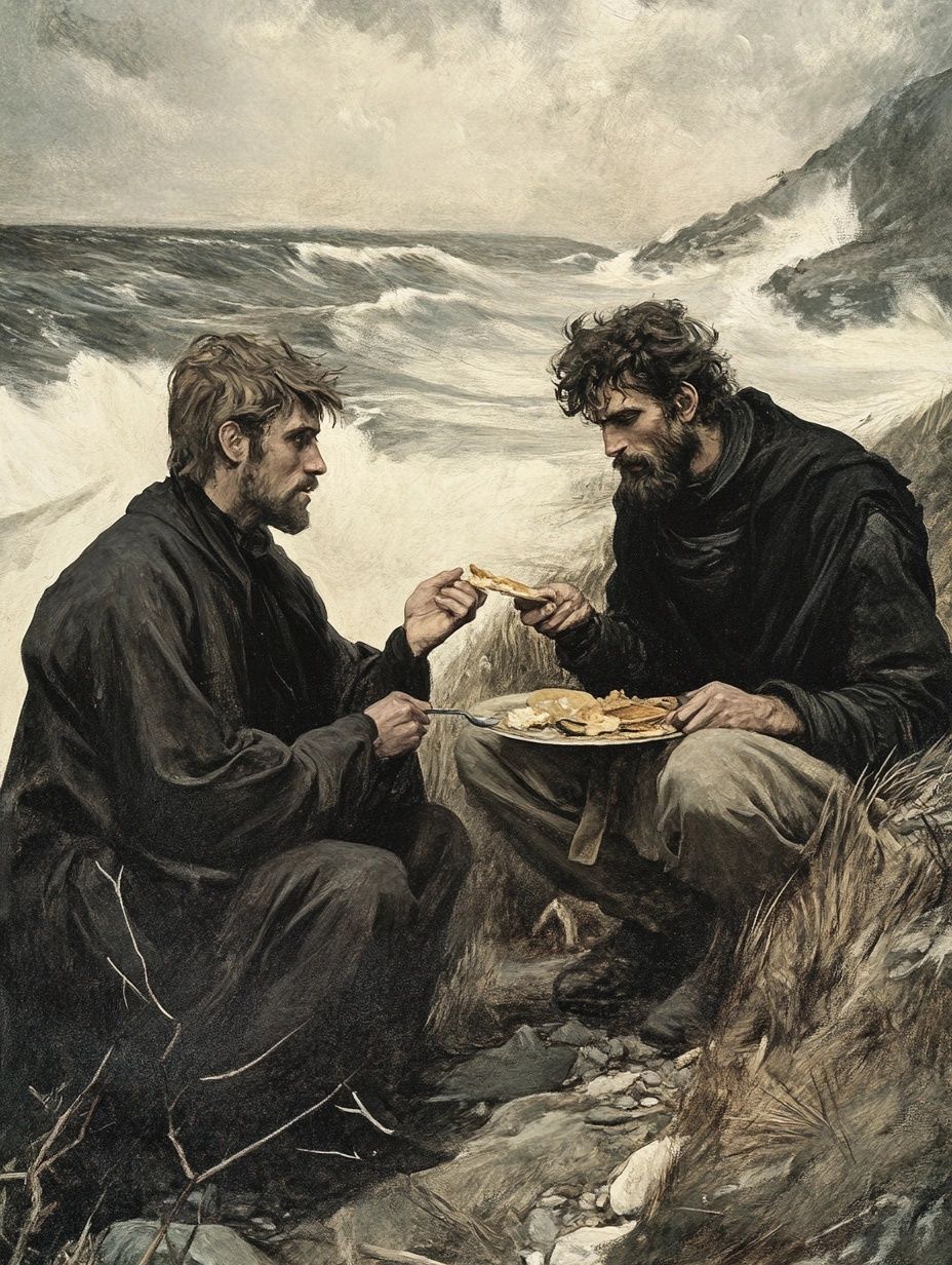 two men sit by the sea sharing a meal