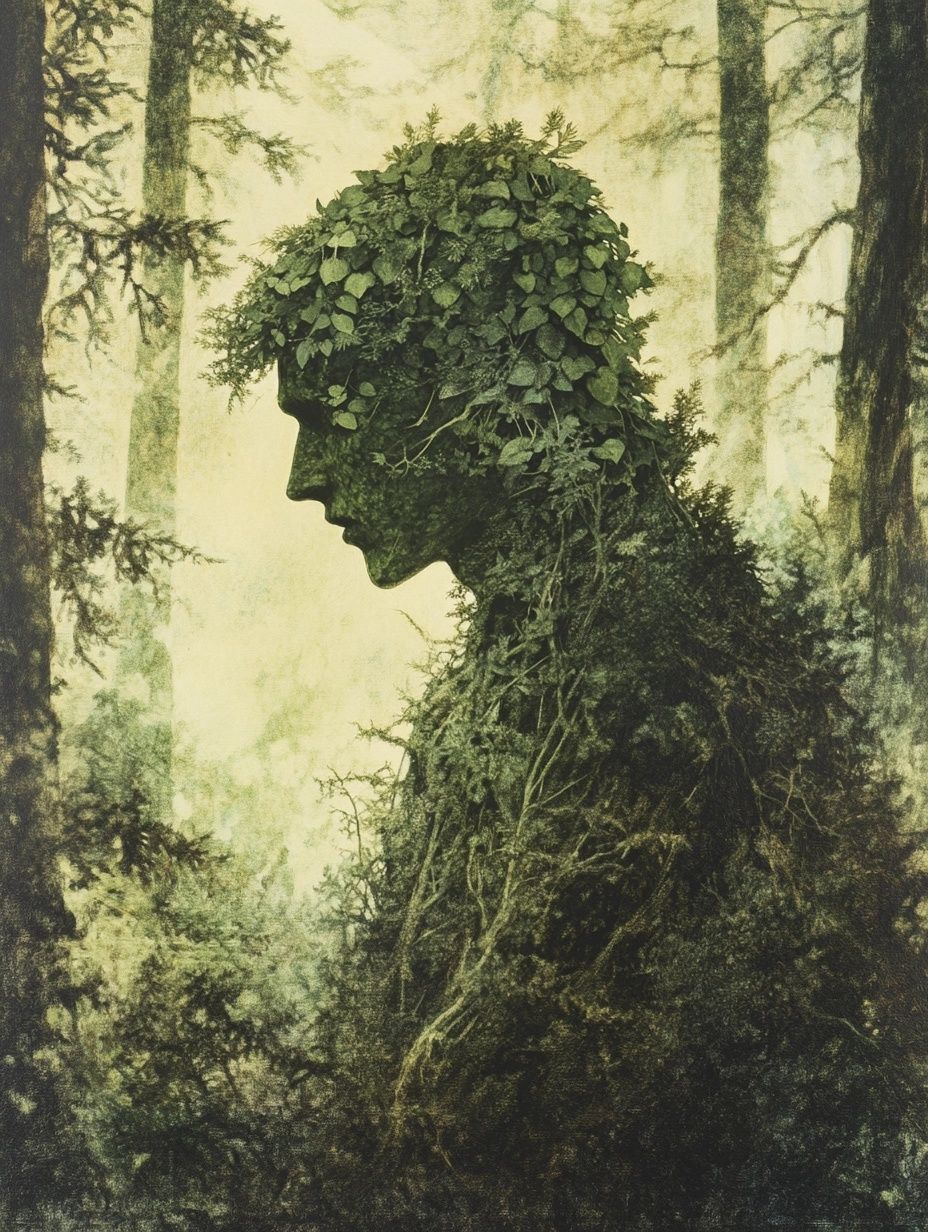 a leafy figure in woods