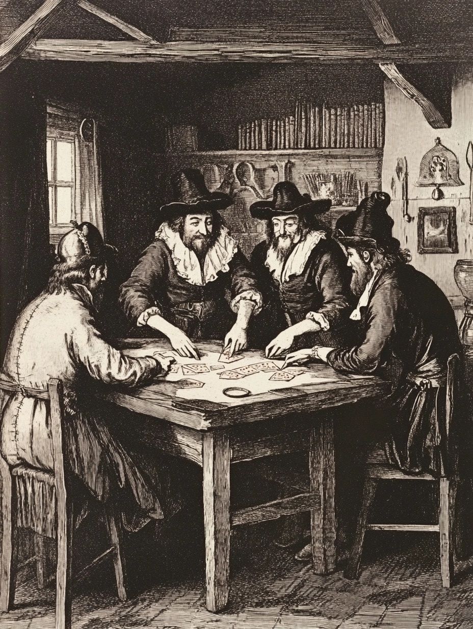men playing cars in tavern, 17th century, vintage illustration, new england ghost story