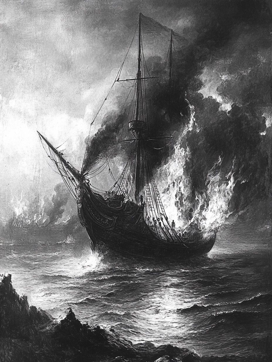 burning ghost ship, black white vintage illustration