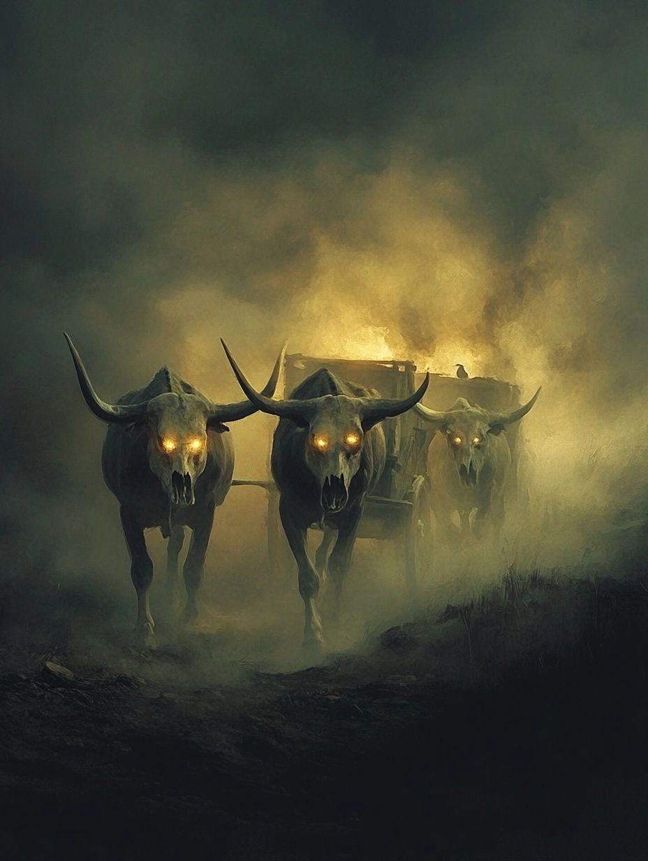 skeltal oxen pulling cart, yellow mist, la carreta chillona