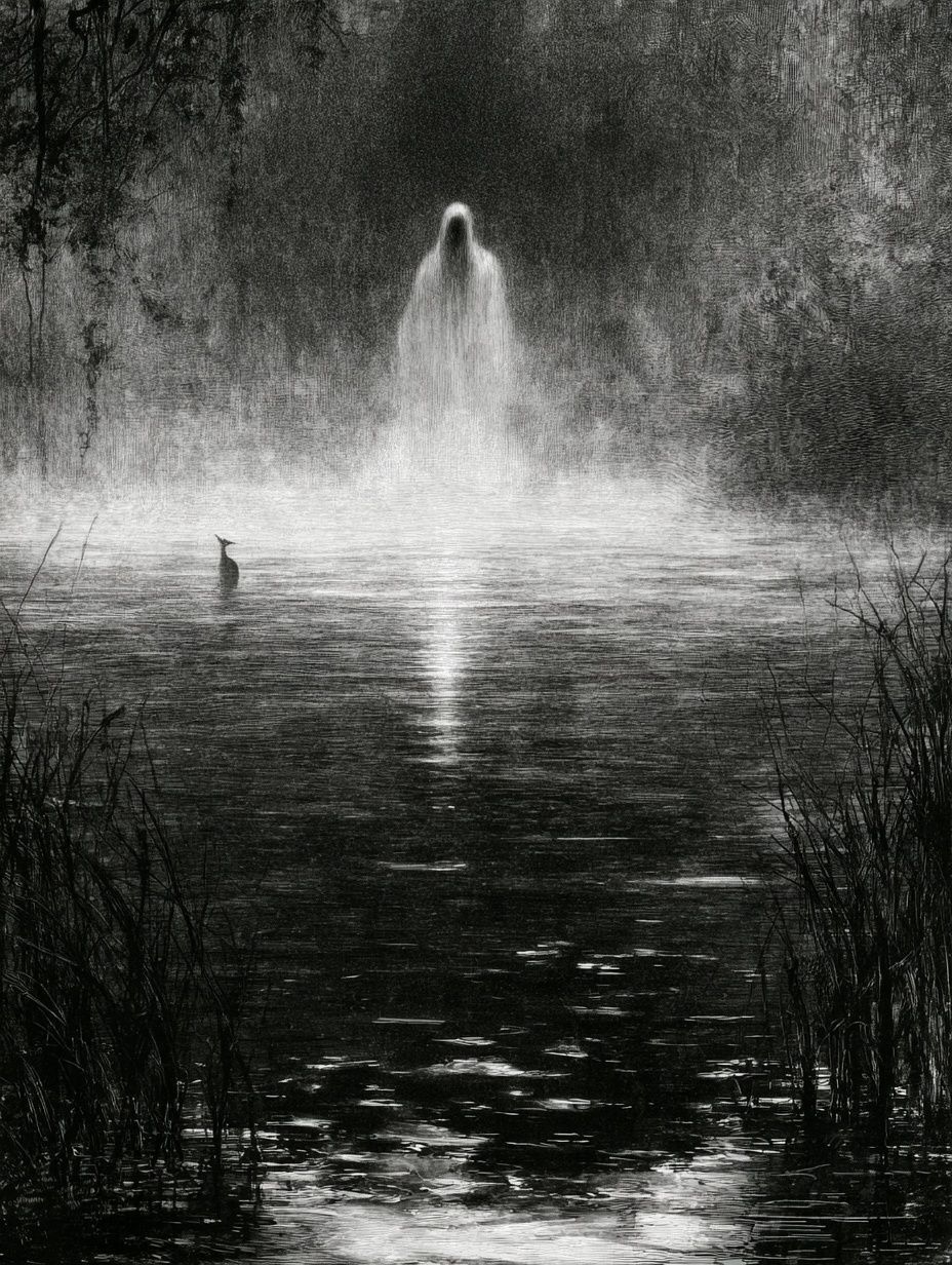 ghostly figure above still water