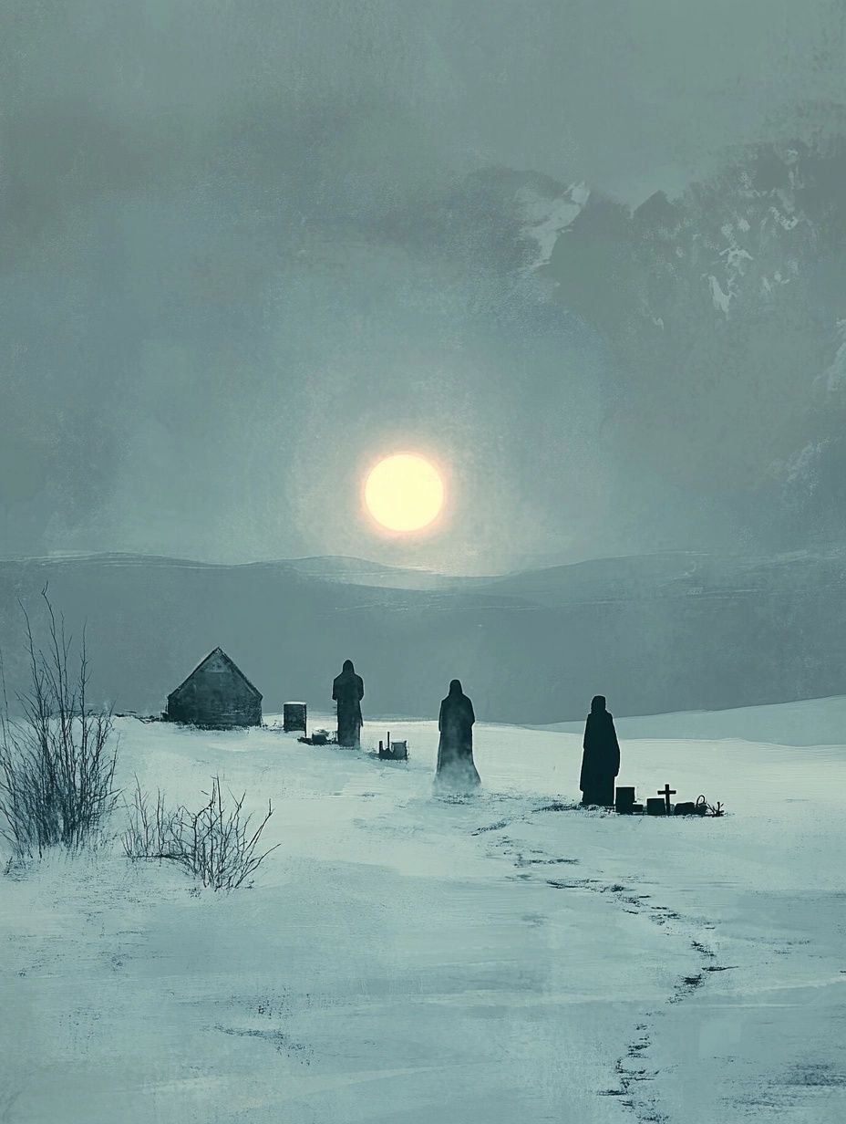 desolate arctic landscape, dark silhouettes, footprints in snow, bright sun