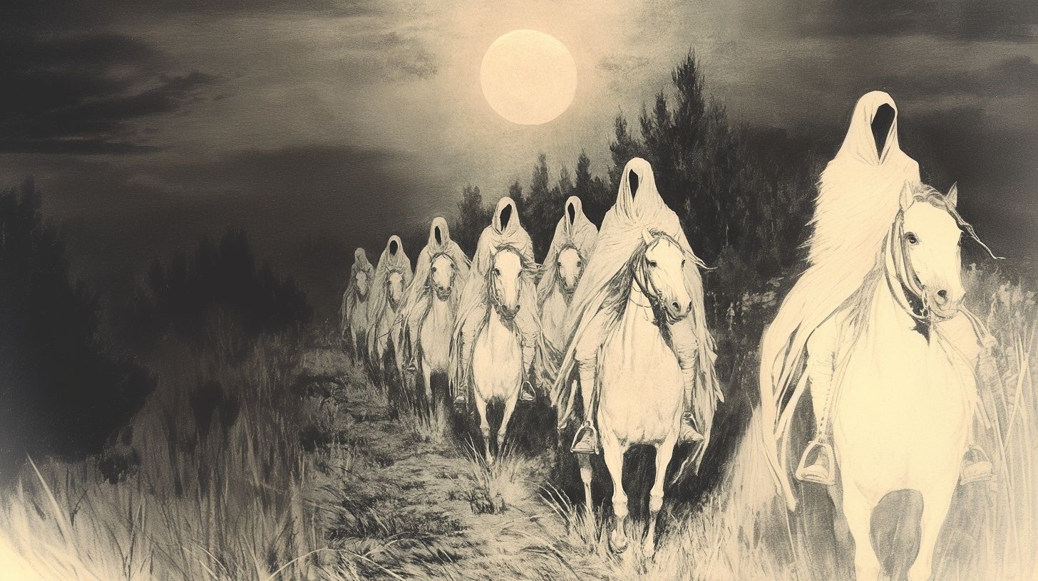 ghostly figures cloaked in white robes ride white horse through the moonlight