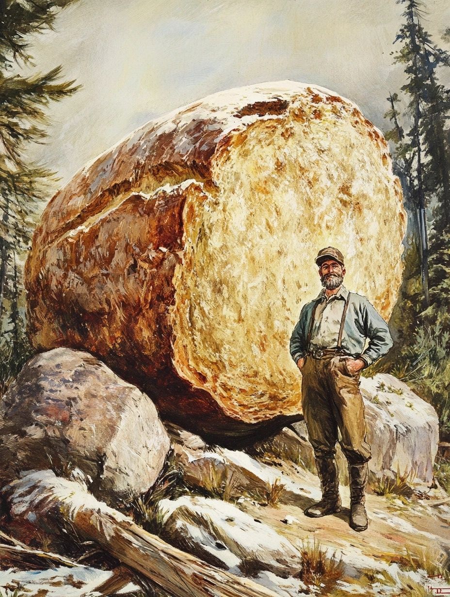 lumberjack in wilderness stanidng in front of giant bread loaf