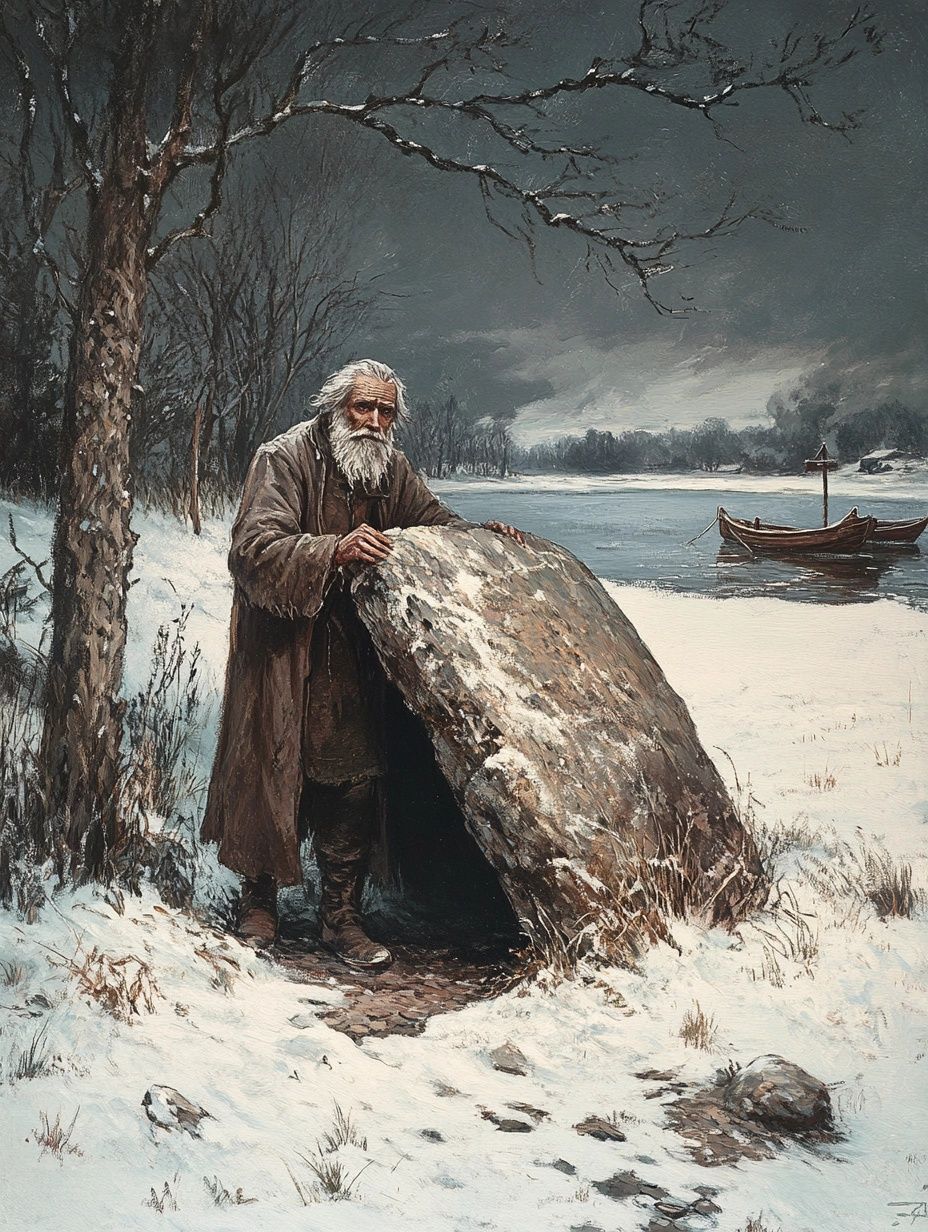 old man on snowy ground, holds up large stone, next to icy lake, large tree