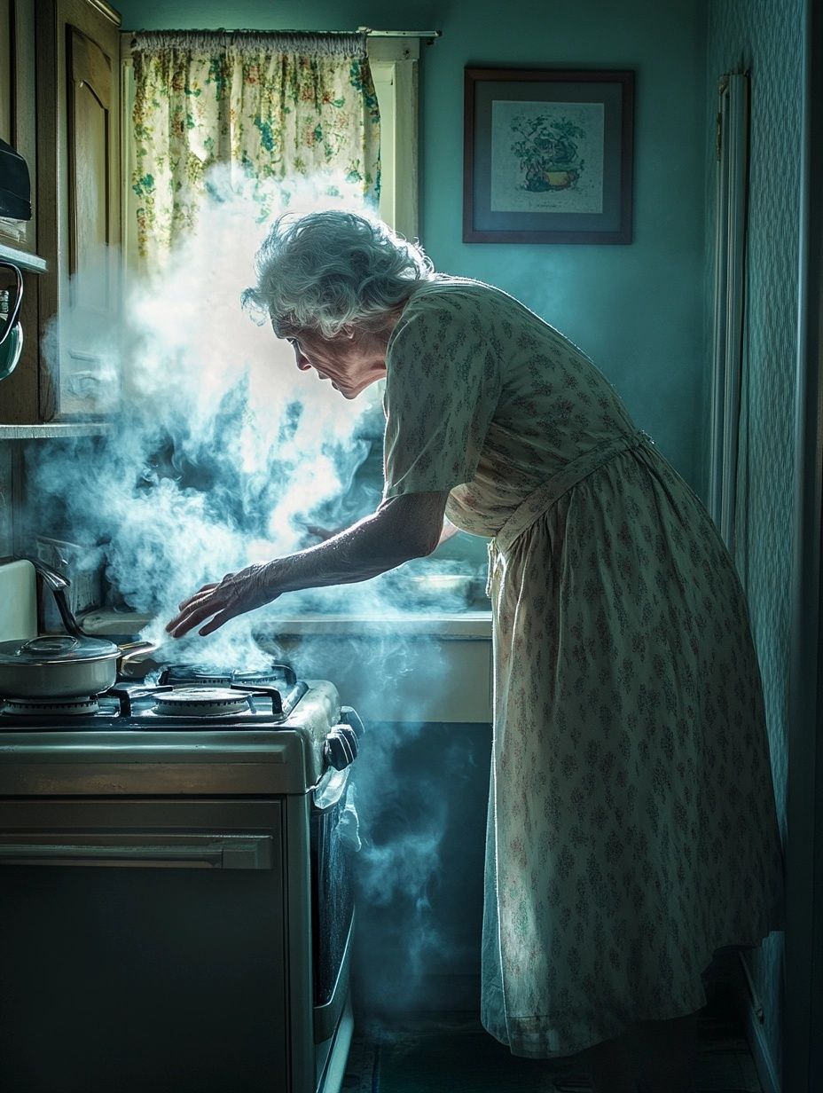 white haired grandma wearing 1930s dress, leans over old fashioned stove, steam rises, plant picture on wall, yellow green curtains