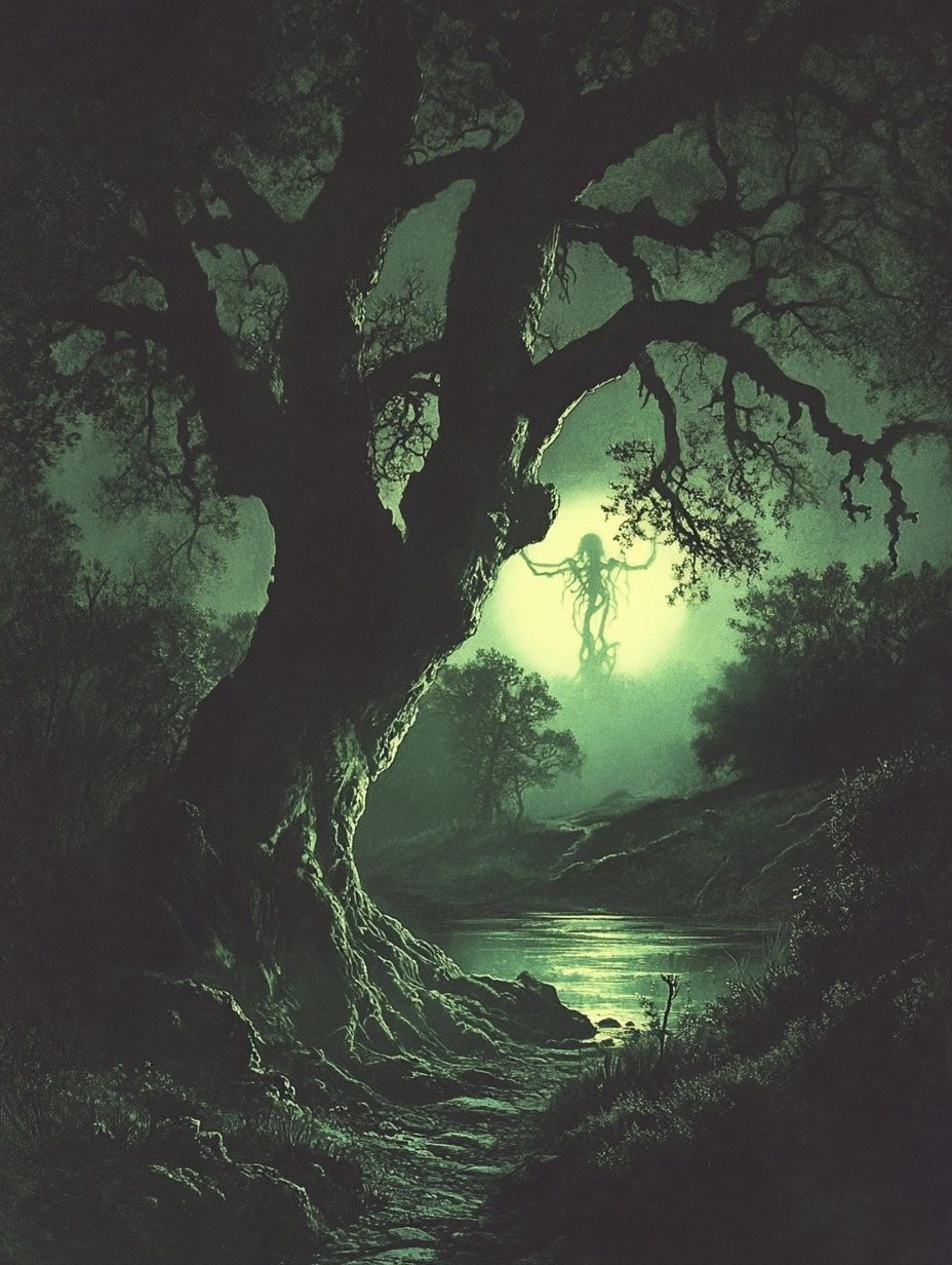 shadowy figure woman standing by stream, moonlight reflection, ghostly figure in distance, black white vintage illustration