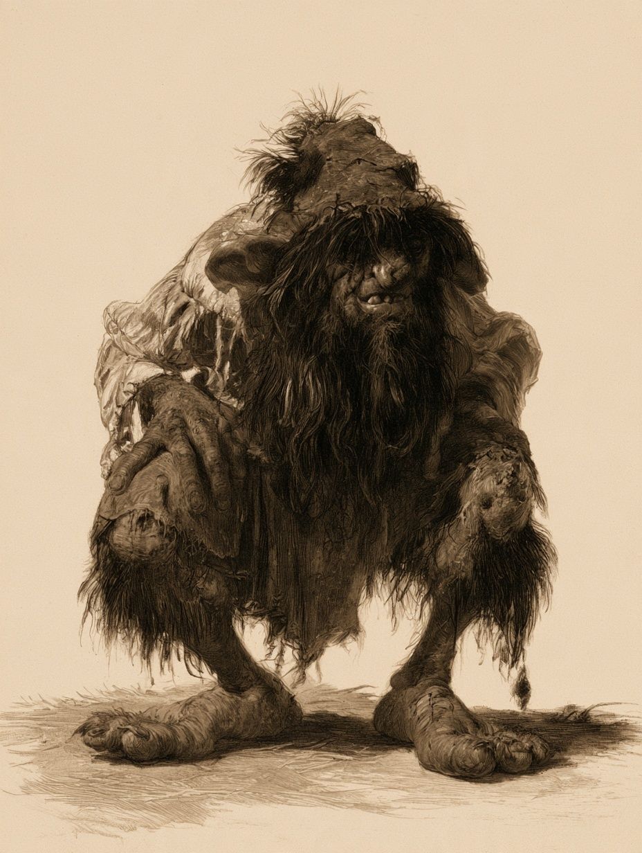 hairy brownie like creature wearing ragged clothes