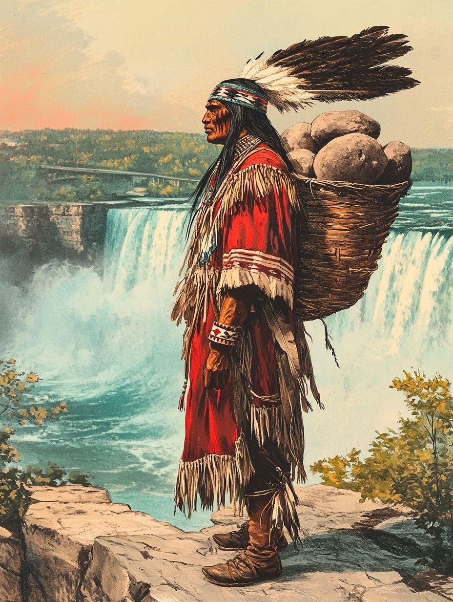 a Native American in red dress wearing feather, carries huge basket of boulders on his back, standing over Niagara Falls