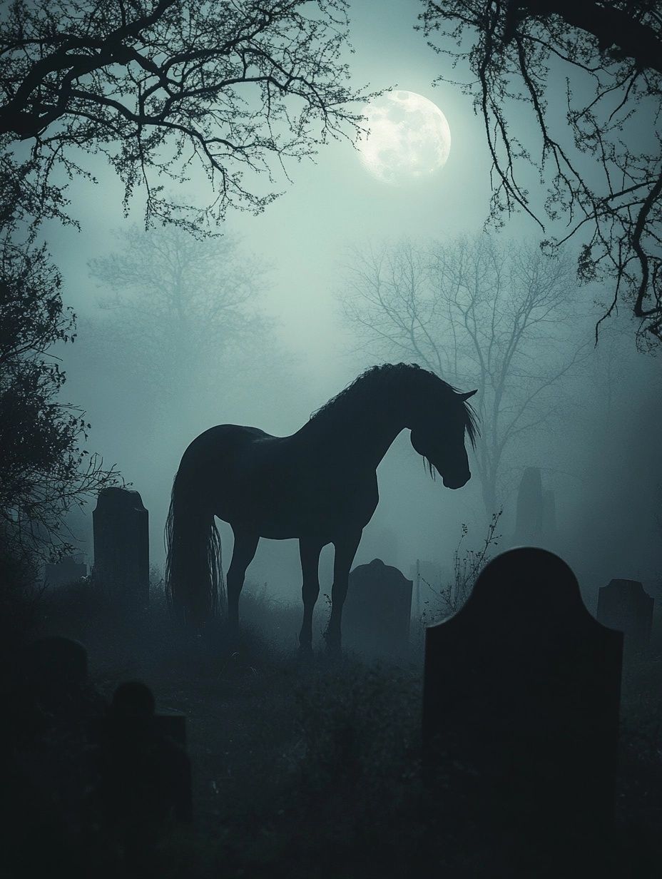 3 legged horse in graveyard under moon