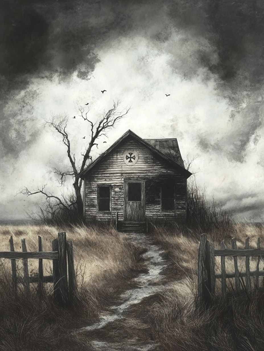 a rundown wood cabin under stormy sky