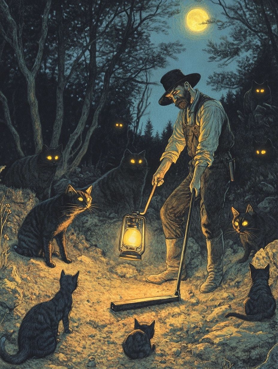 man surrounded by cats with glowing eyes, lamplight,