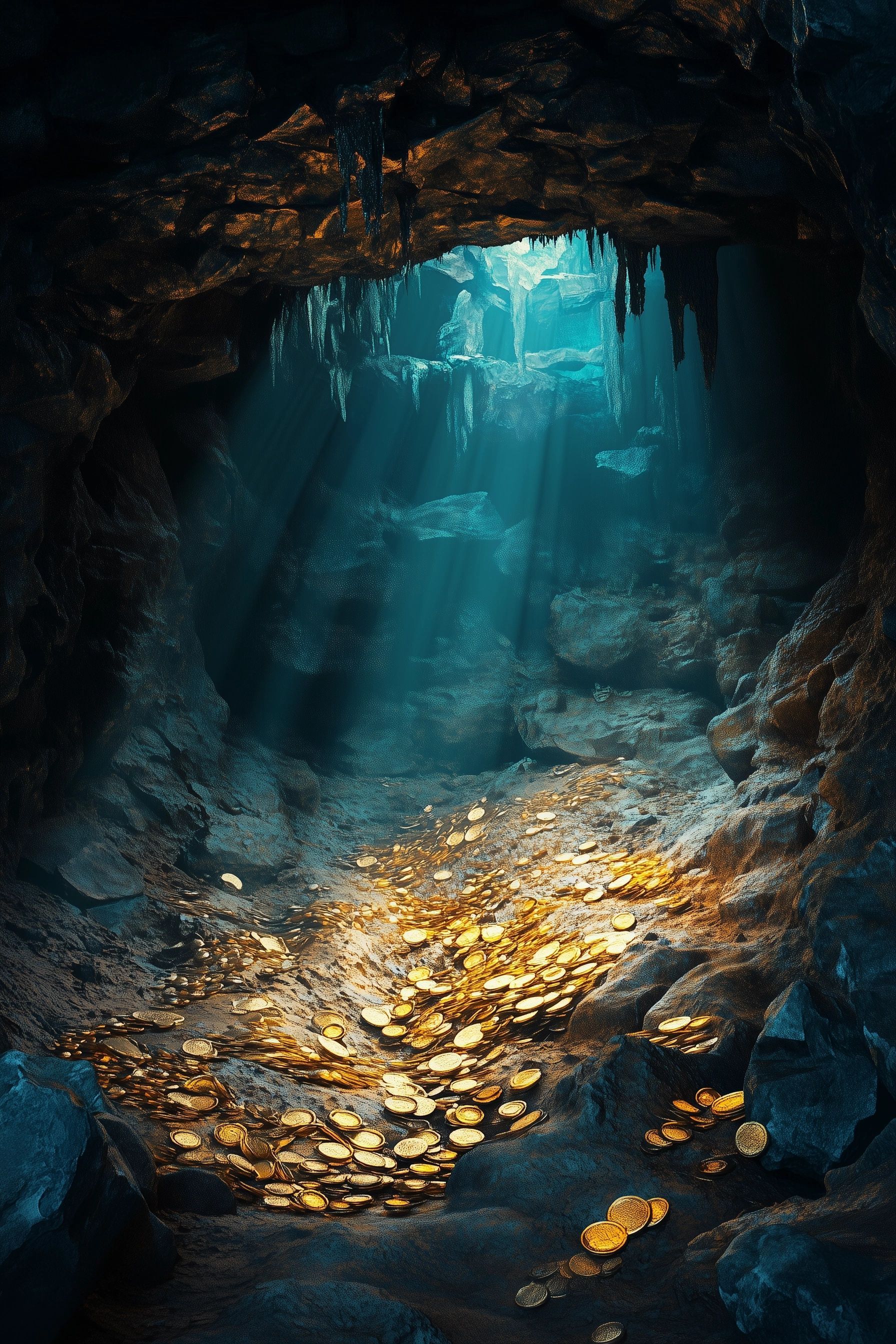 dimly lit cave filled with gold coins, jewels, ancient artifacts, partially obscured by shadows, legend mouras encantadas portugal