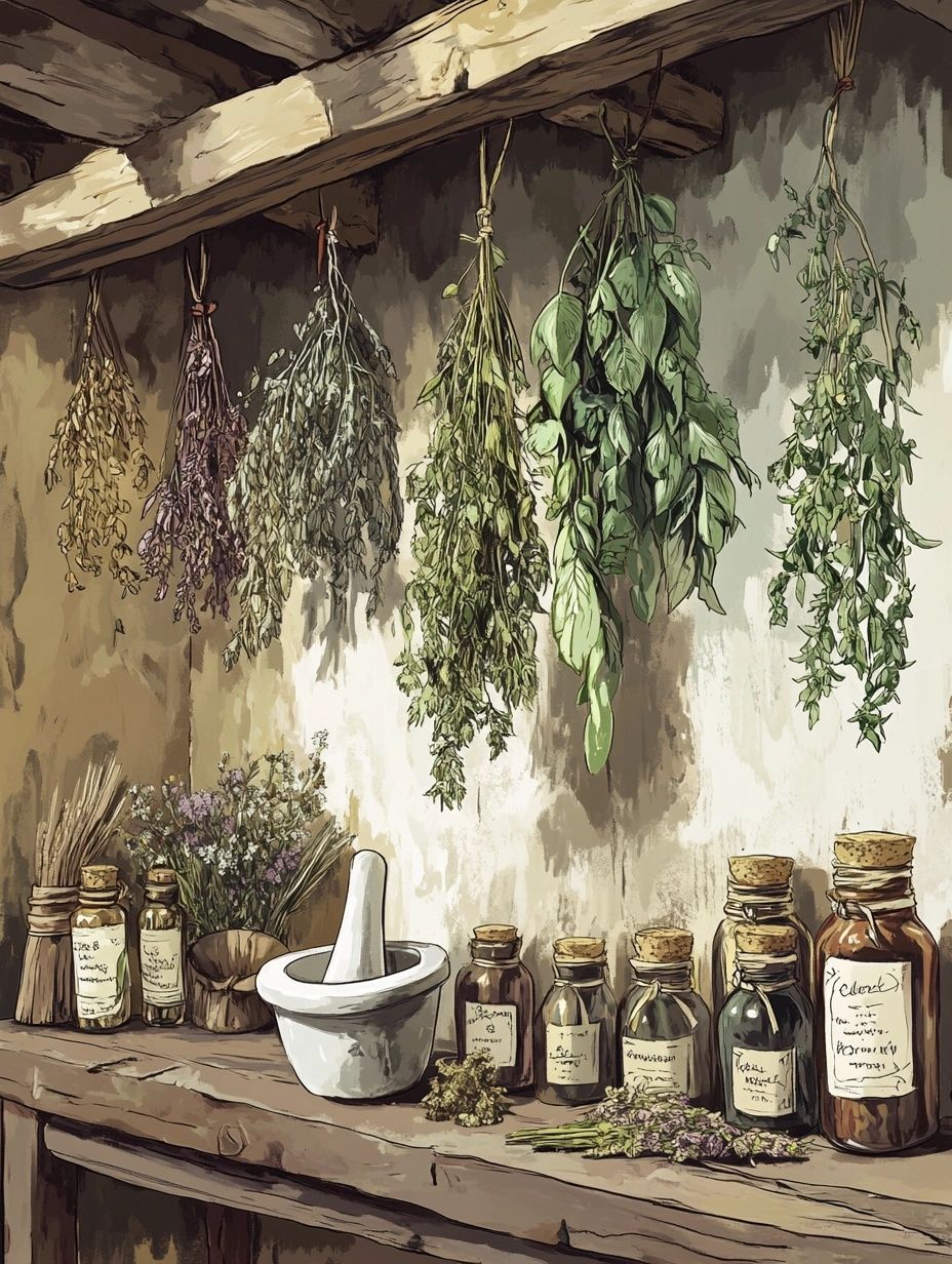 jars and hanging herbs