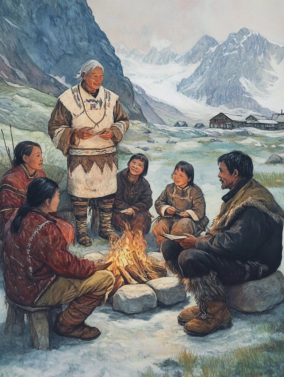 traditonal greenlandic family telling stories round the campfire, arctic setting