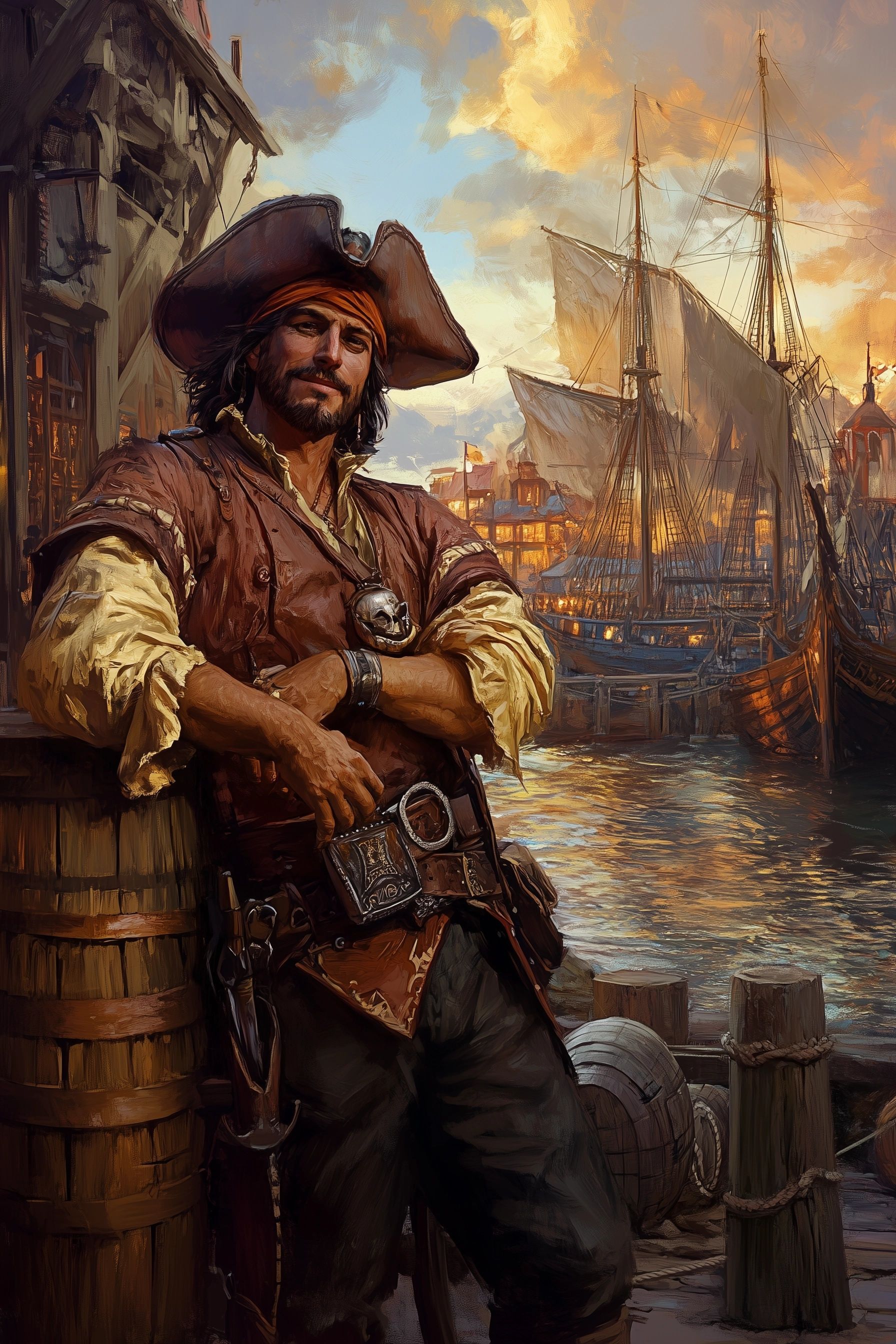 An old-fashioned, rustic tavern by the docks at dusk, man dressed as pirate, standing in the foreground, he leans against a wooden barrel, ships and barrels line the harbor, water glimmers in the fading light, jean lafitte new orleans folklore