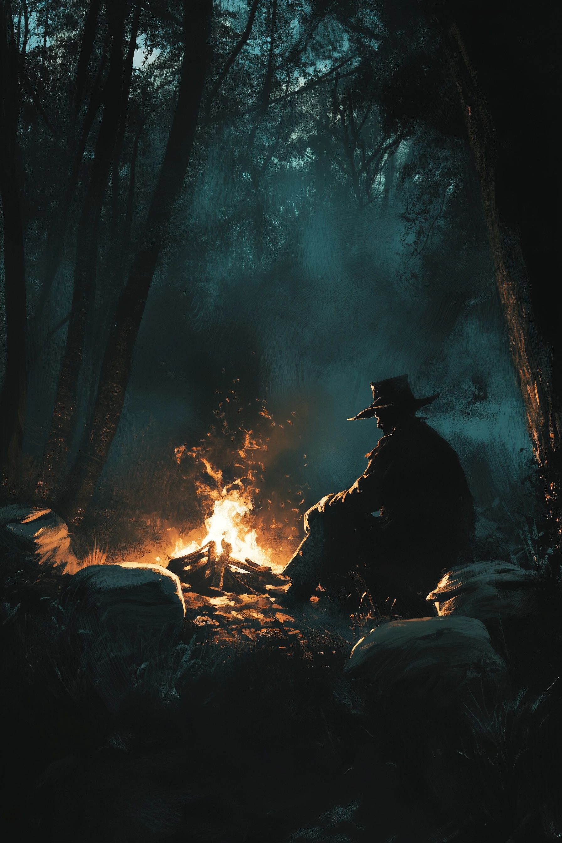 A shadowy campfire scene deep in a dark forest, A figure dressed in old 19th-century clothing sits near the fire, The fire casts flickering shadows, john murrell tennessee folklore