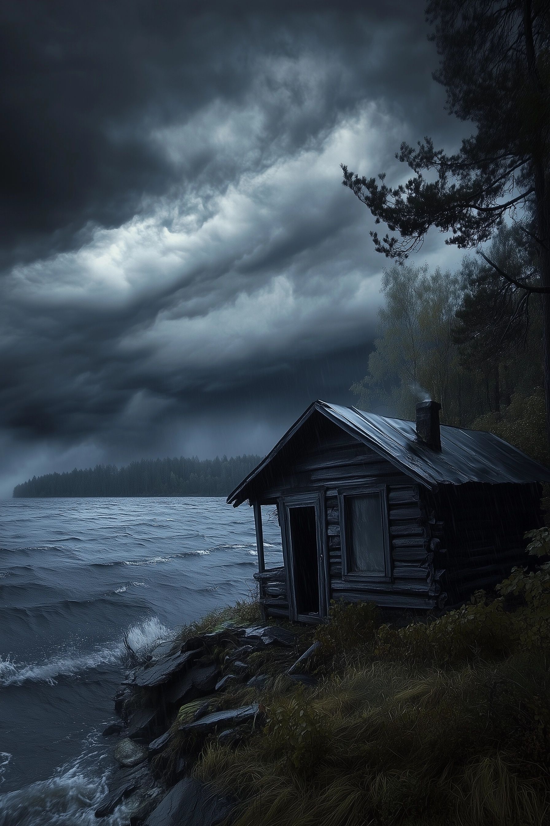 small, abandoned cabin by the edge of a vast lake, dark storm clouds, wind whips through trees, waves crash against the shore, julia brown frenier folklore louisiana