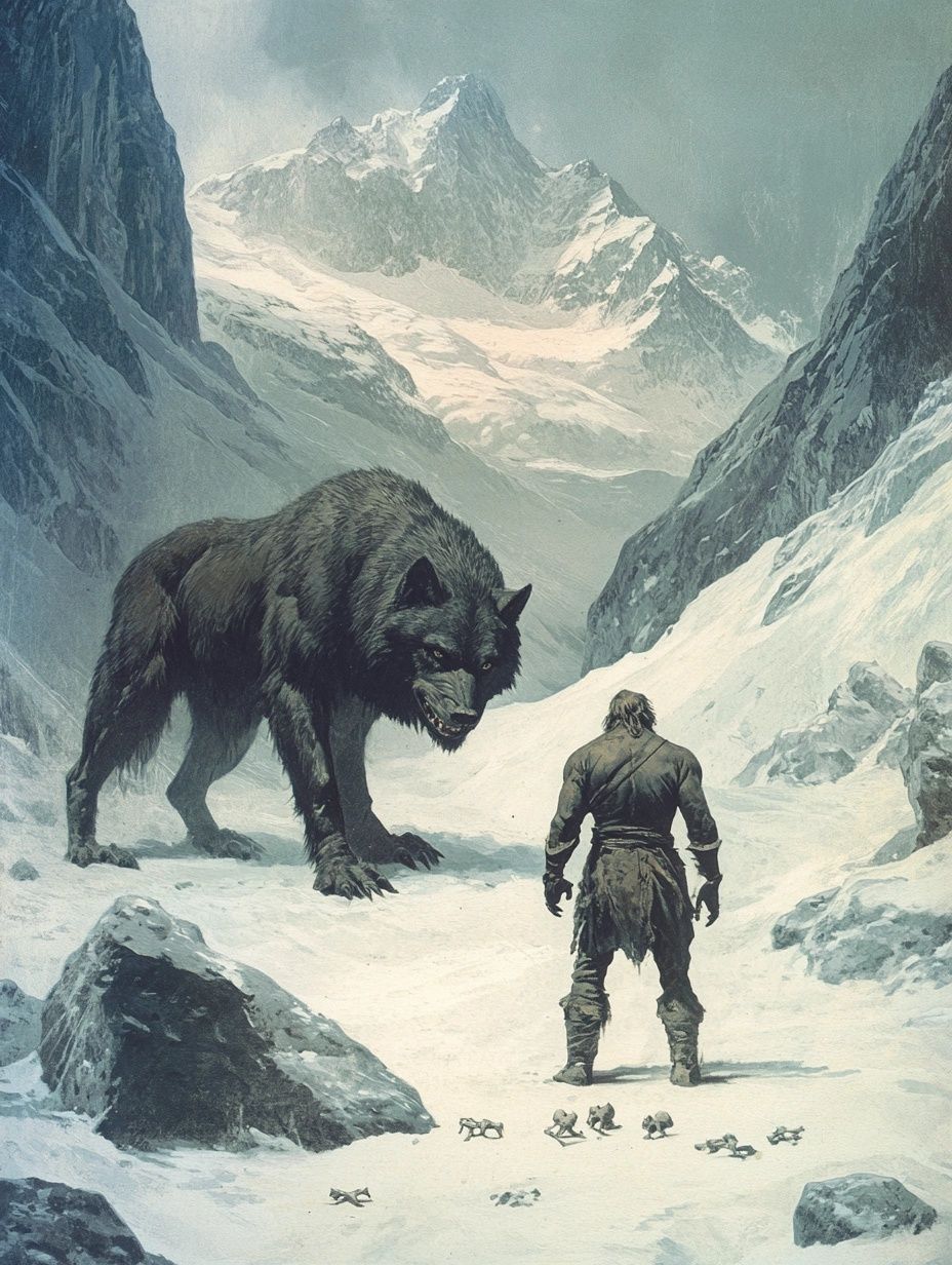 man faces down large black wolf in snowy mountains