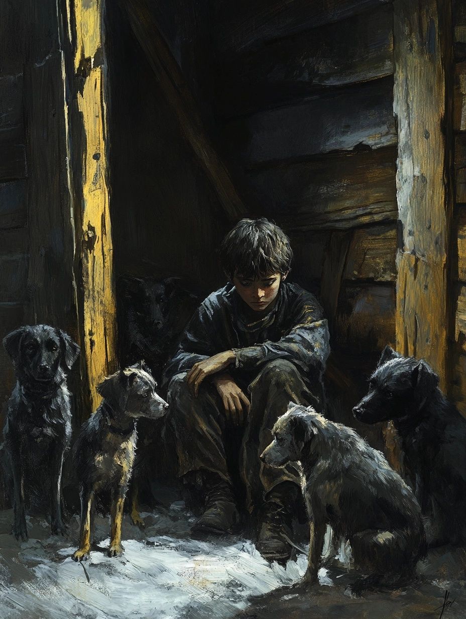sad boy in ragged clothes sits in hut surrounded by dogs