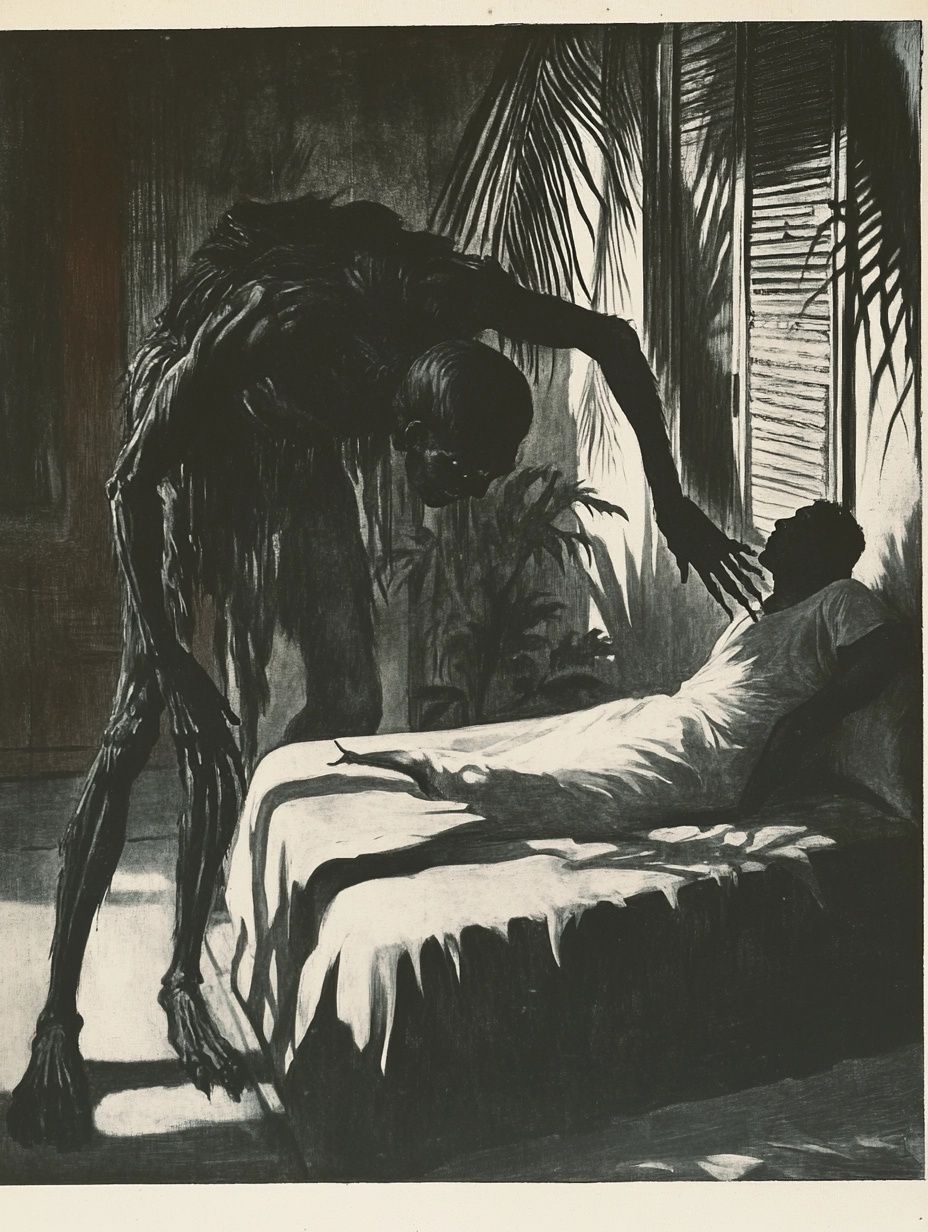 monstrous being looms over terrified man in bed