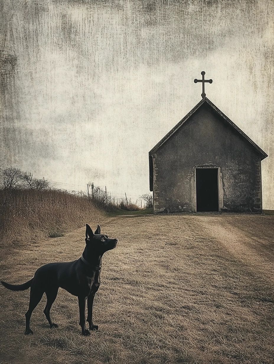 black dog outside remote church