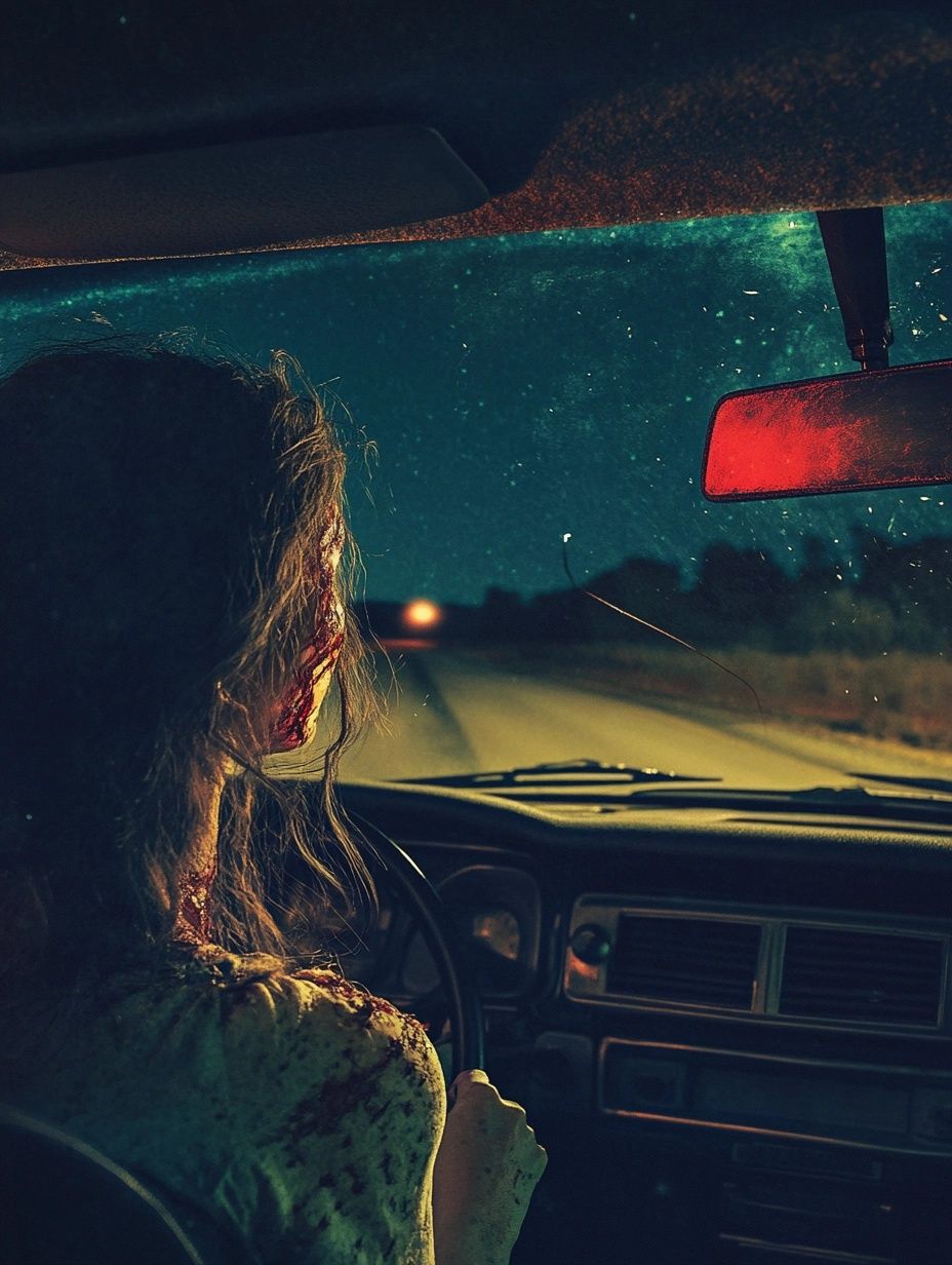 woman driving car at night, injured face, cracked windscreen