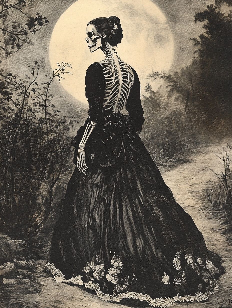a skeletal woman wearing a dress, full moon