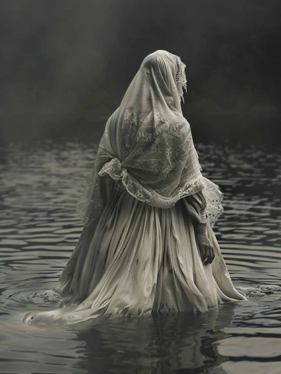 a figure in a white dress and veil standing in water