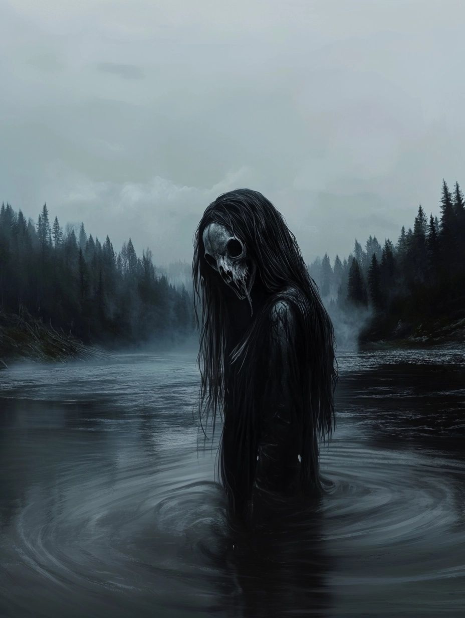 monstrous being with skeletal face standing in water