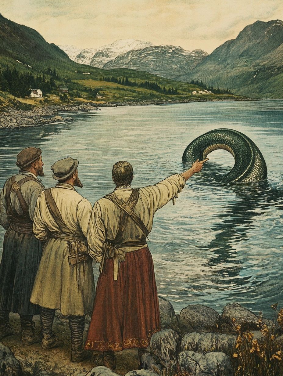 3 icelandic men watch a mysterious serpent creature in lake