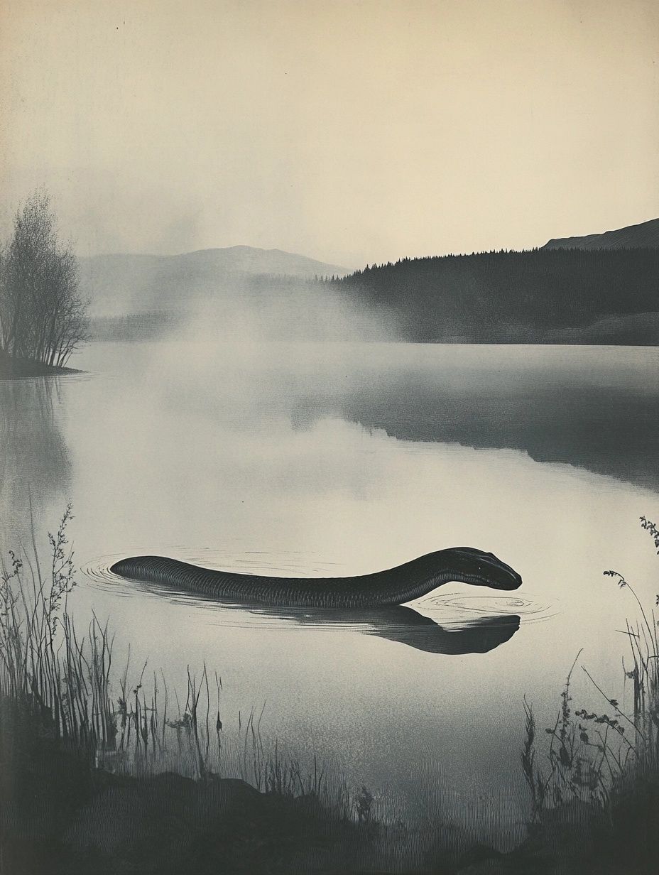 man watches mysterious serpent creature in lake