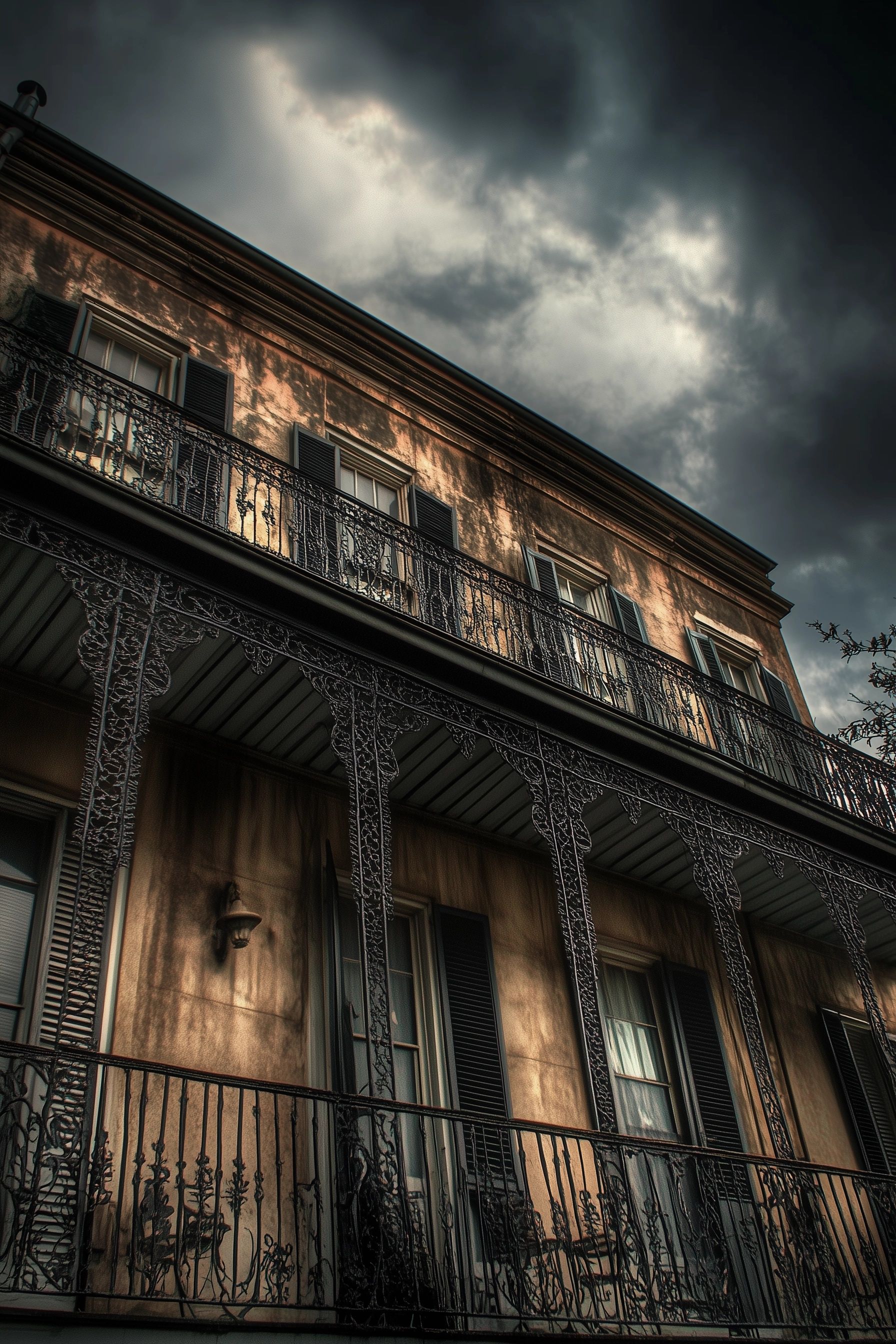 A grand, imposing mansion in the French Quarter, framed by wrought-iron balconies, tall, shuttered windows, gloomy atmosphere, dark storm clouds brewing overhead, lalaurie mansion legend louisiana folklore