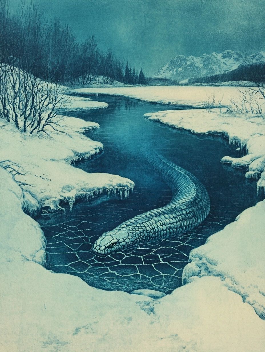 mysterious lake serpent creature in a frozen lake
