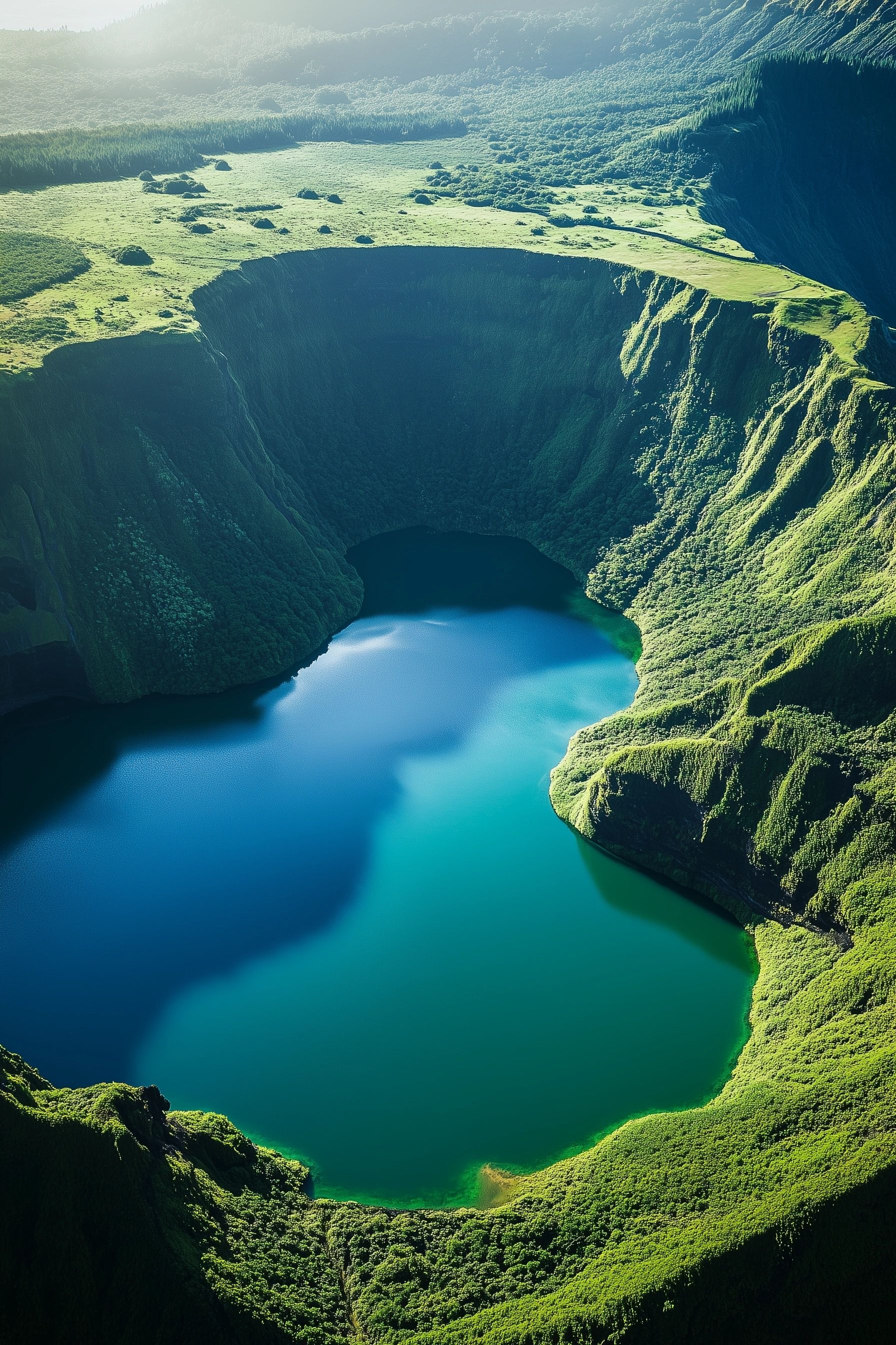 aerial view two lake, one green, one blue, sitting side by side in a deep volcanic crater, surrounding lush greenery,  legend of the seven cities portugal