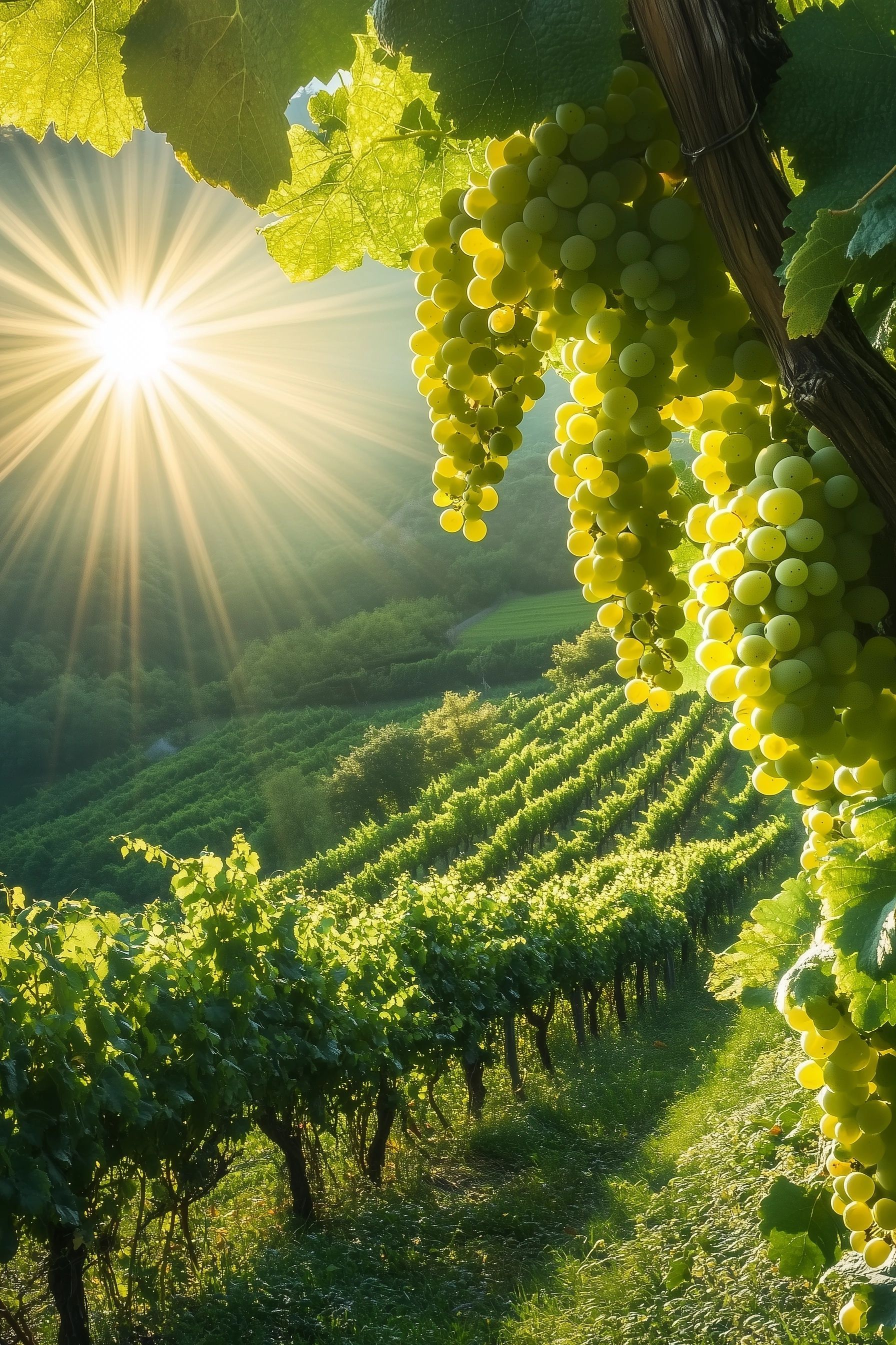 A sunlit vineyard filled with vibrant green grapevines, heavy with clusters of ripe grapes ready for harvest. The scene is peaceful, representing abundance and the connection to the land, legend of vinho verde portugal